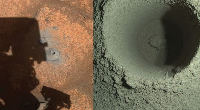 El agujero de perforación del primer intento de recolección de muestras de Perseverance se puede ver, junto con la sombra del rover, en la imagen de la izquierda tomada por una de las cámaras de navegación del rover.
