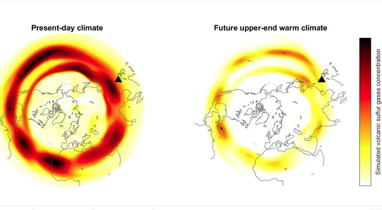 Simulación de concentraciones globales de gas de azufre, en escenarios de calentamiento actuales y de alto nivel.