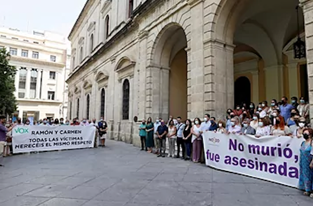 Vox se concentra a las puertas del Ayuntamiento de Sevilla, donde se celebra un minuto de silencio en recuerdo de la última víctima de la violencia machista.JOSÉ MANUEL VIDALEFE