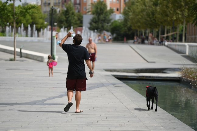 Un hombre pasea con su perro en el Parc Central, a 12 de agosto de 2021, en Valencia, Comunidad Valenciana (España). Como consecuencia de la ola de calor que comenzó ayer en toda España, la Comunitat Valenciana alcanzará durante la jornada de este jueves,