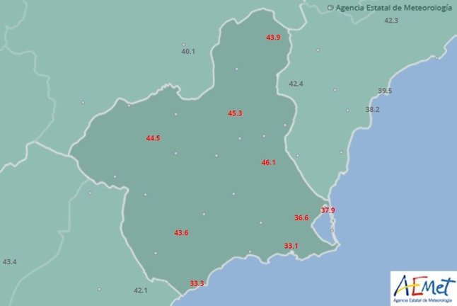 Mapa de temperaturas máximas de este domingo
