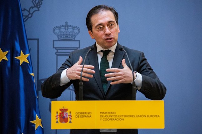 El ministro de Asuntos Exteriores, Unión Europea y Cooperación, José Manuel Albares, interviene en la toma de posesión de nuevos cargos de Exteriores nombrados en el último Consejo de Ministros, a 4 de agosto de 2021, en Madrid, (España).