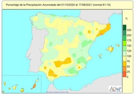 Las lluvia acumuladas en España desde el 1 de octubre de 2020 hasta el 17 de agosto de 2021 están un 8% por debajo del valor normal para el periodo 1981-2010.