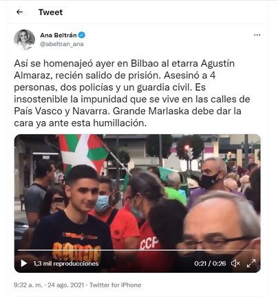 Mensaje de Ana Beltrán, diorigente del PP, criticando el homenaje al etarra Agustín Almaraz