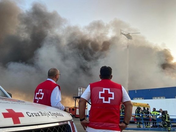 Voluntarios de Cruz Roja contemplan la columna de humo en la central hostofrutícola de El Escobar.