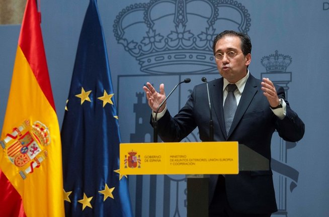 El ministro de Asuntos Exteriores, Unión Europea y Cooperación, José Manuel Albares, durante el acto por el que el nuevo subsecretario del Ministerio ha tomado posesión del cargo, a 29 de julio de 2021, en Madrid (España). 