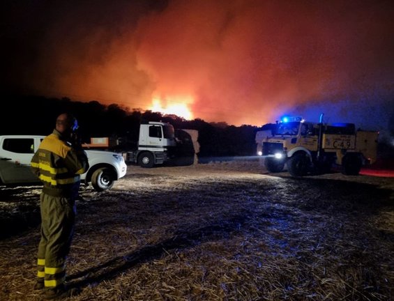 Imagen del trabajo por la noche en el incendio forestal de Carracedo de Vidriales (Zamora).