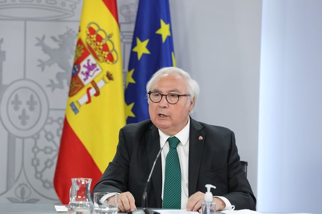 El ministro de Universidades, Manuel Castells, en la rueda de prensa posterior al Consejo de Ministros de este martes 31 de agosto de 2021, en Madrid