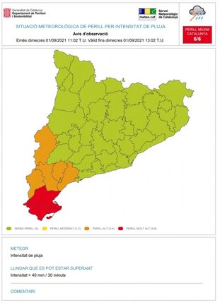 Aviso de lluvias intensas en Montsià y Baix Ebre (Tarragona), a día 1 de septiembre de 2021
