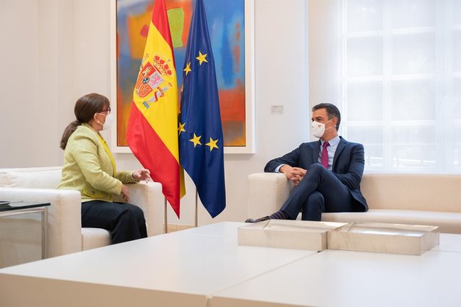 El presidente del Gobierno, Pedro Sánchez, y la responsable de la SEGIB, Rebeca Grynspan, durante el encuentro de despedida de esta en Moncloa