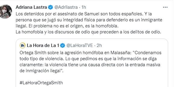 Tuit de Adriana Lastra sobre agresión homófoba.