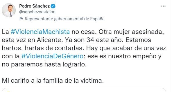 Tuit de Pedro Sánchez condenando violencia machista.
