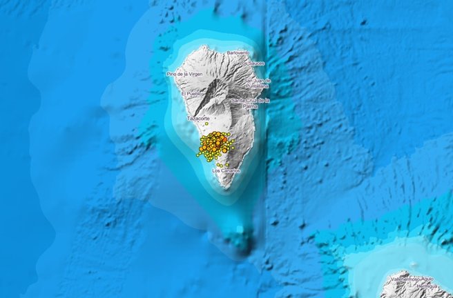 Localización de los sismos en la isla de La Palma durante los últimos tres días