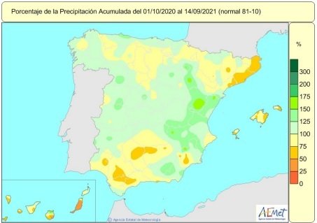 Mapa de lluvias acumuladas en España desde el 1 de octubre de 2020 hasta el 14 de septiembre de 2021. Se sitúan un 5% por debajo del valor normal a falta de 15 días para terminar el presente año hidrológico.