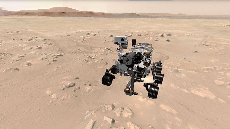 El rover Mars Perseverance de la NASA se muestra en su lugar de aterrizaje en el cráter Jezero en esta vista de la experiencia web 3D "Explora con Perseverance".