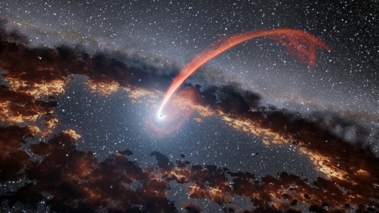 Esta ilustración muestra una corriente brillante de material de una estrella, destrozada mientras era devorada por un agujero negro supermasivo.
