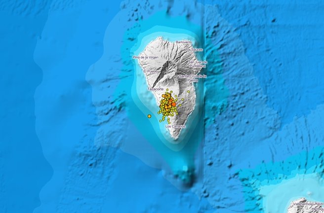 Localización de los eventos registrados en la isla de La Palma