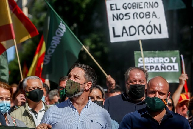 El presidente de Vox, Santiago Abascal, en una manifestación contra el Gobierno convocada por el sindicato Solidaridad, a 18 de septiembre de 2021, en Madrid (España). 