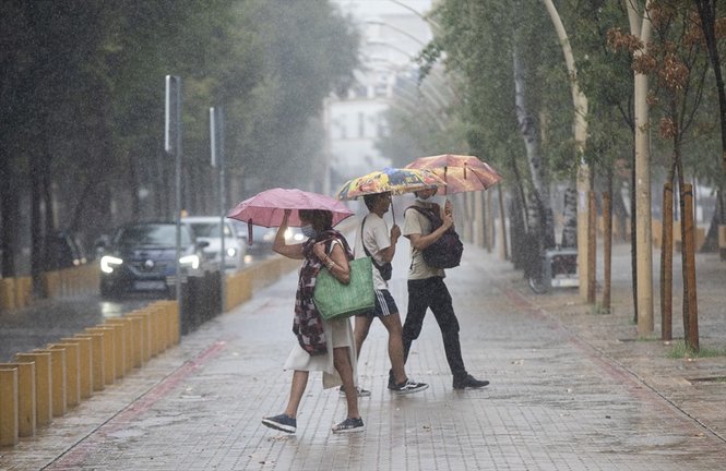 Varias personas caminan bajo sus paraguas durante una tormenta. A 14 de septiembre de 2021, en Sevilla (Andalucía, España).