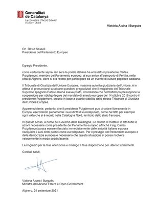 Carta de la consellera de Acción Exterior y Gobierno Abierto de la Generalitat, Victòria Alsina.