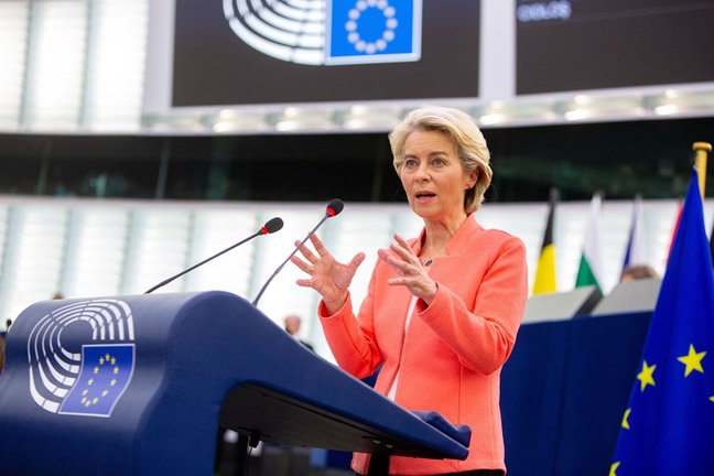 La presidenta de la Comisión Europea, Ursula von der Leyen, durante el debate sobre el estado de la UE en el Parlamento Europeo, el 15 de septiembre de 2021, en Bruselas.