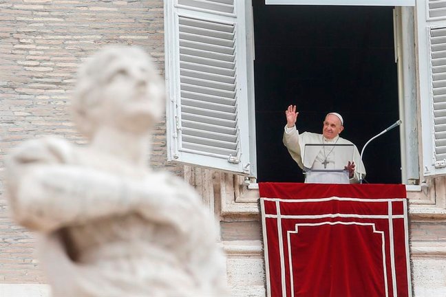 Pope Francis recites the Angelus prayer from the window of his study overlooking Saint Peter's Square, Vatican City, 26 September 2021. (Papa) EFE/EPA/FABIO FRUSTACI