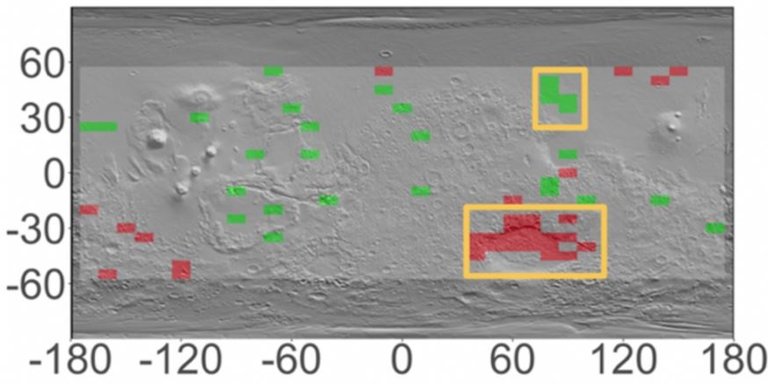 Mapa de Marte con topografía superpuesta que indica áreas con variaciones estacionales significativas en el contenido de hidrógeno