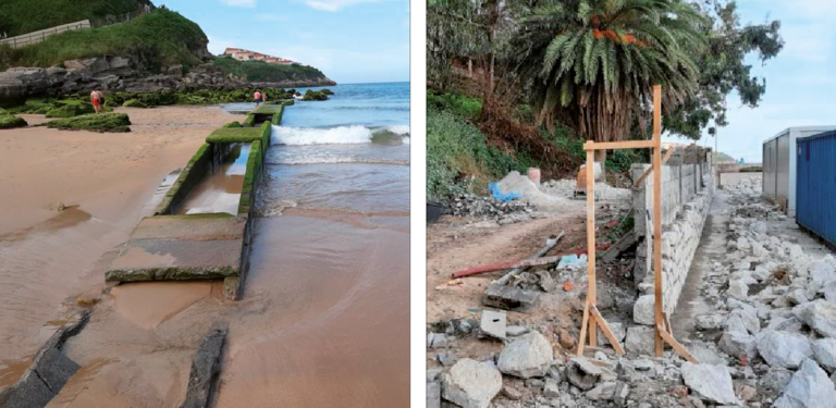 Los restos del colector que han aparecido tras llevarse la marea la arena. El muro en construcción limitando la playa de La Concha en Suances.