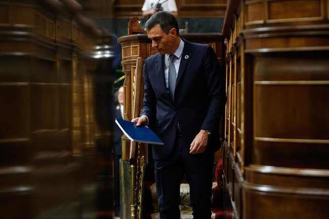 El presidente del Gobierno, Pedro Sánchez, durante el debate sobre el estado de la nación que comienza este martes en el Congreso. EFE/ Mariscal