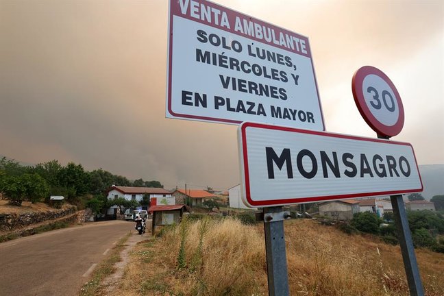 Imagen del incendio a la entrada de Monsagro (Salamanca). EFE/J.M.García