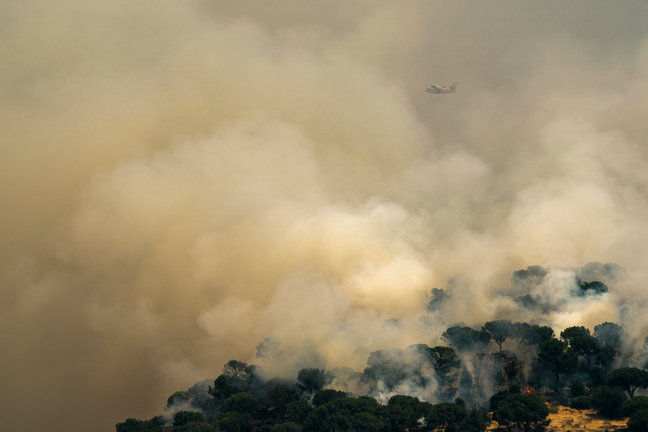 Un hidroavión trabaja en las labores de extinción del incendio declarado el sábado en Cebreros (Ávila) que ha quemado más de 3.000 hectáreas./ Raúl Sanchidrián
