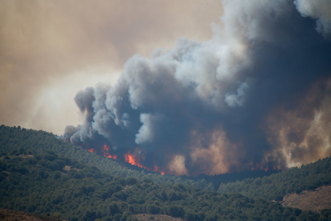 Vista del incendio en el pueblo de Moros, tras el incendio declarado en el término municipal de Ateca (Zaragoza)./Javier Cebollada