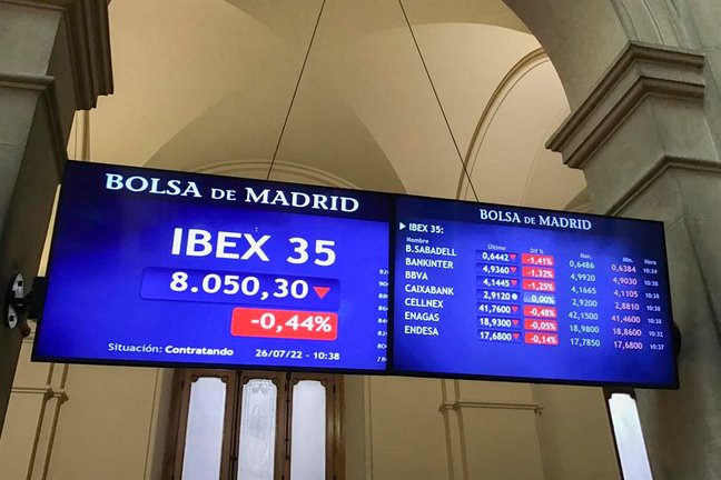 Vista de una pantalla con el Ibex 35, el principal indicador del parqué madrileño de la Bolsa este martes, que ha abierto la sesión con una caída del 0,51 % pero logra mantener los 8.000 puntos. EFE/ Vega Alonso Del Val