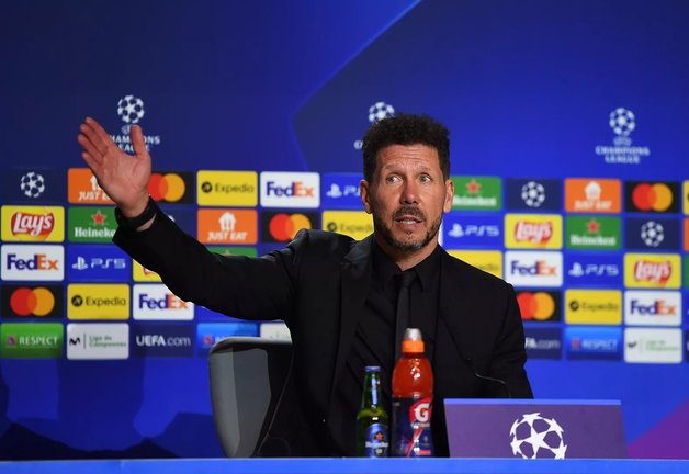 MADRID, SPAIN - APRIL 13: Diego Simeone, Head Coach of Atletico Madrid holds their team's post-match press conference  after the UEFA Champions League Quarter Final Leg Two match between Atletico Madrid and Manchester City at Wanda Metropolitano on April 13, 2022 in Madrid, Spain. (Photo by Denis Doyle - UEFA/UEFA via Getty Images)