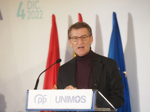 El presidente del Partido Popular (PP), Alberto Núñez Feijóo, interviene en el VIII cónclave del PPN, en Pamplona. E.P. / Eduardo Sanz