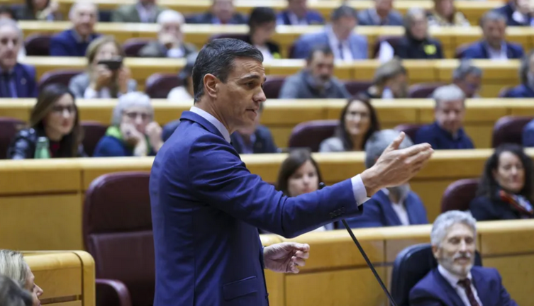 El presidente del Gobierno, Pedro Sánchez interviene en el pleno del Senado, este miércoles. EFE/ Kiko Huesca