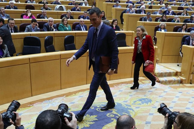 El presidente del Gobierno, Pedro Sánchez (c), durante el pleno del Senado, esta semana EFE / Kiko Huesca