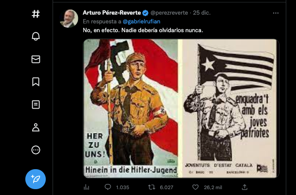 Captura de pantalla del Tweet de Arturo Pérez Reverte contestando a Rufián.