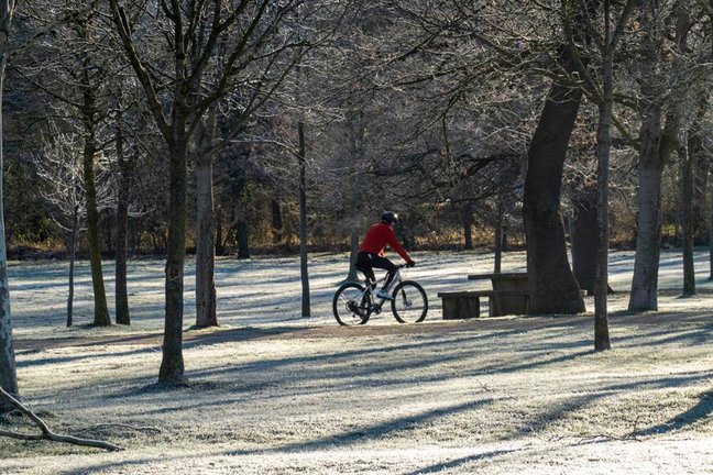Un hombre pasea en bicicleta por el jardín botánico de Olarizu de Vitoria cubierto de escarcha este sábado. EFE / David Aguilar