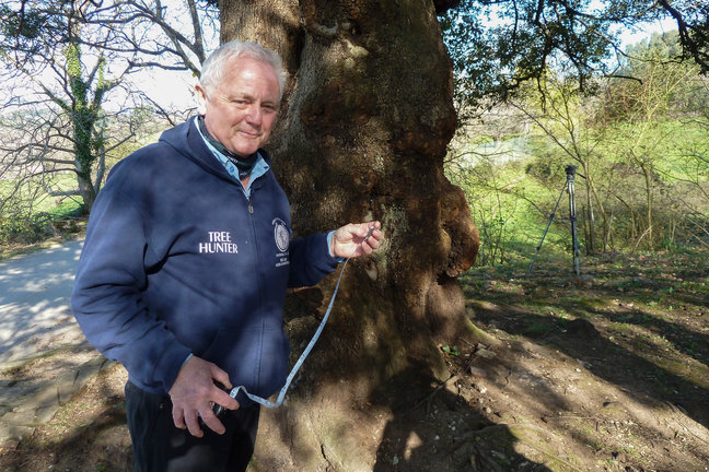 El naturalista británico Rob McBride, conocido como Mr. "Tree Hunter" (cazador de árboles), posa frente a la encina de Colindres, candidata al mejor Árbol de Europa 2023. EFE/ Miguel Ramos