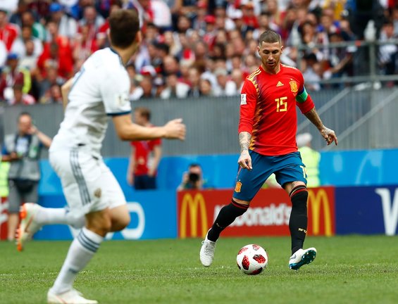 El futbolista español Sergio Ramos, durante el partido de octavos de final del Mundial de 2018 ante la selección de Rusia. / RFEF