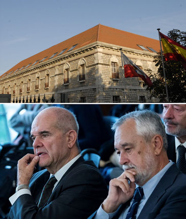 Arrida, sede de la Audiencia Provincial de Cantabria. Abajo, los expresidentes socialistas andaluces José Antonio Griñán (a la derecha) y Manuel Chaves, en noviembre de 2018, durante el juicio del 'caso ERE', en la Audiencia de Sevilla. / Raúl Caro