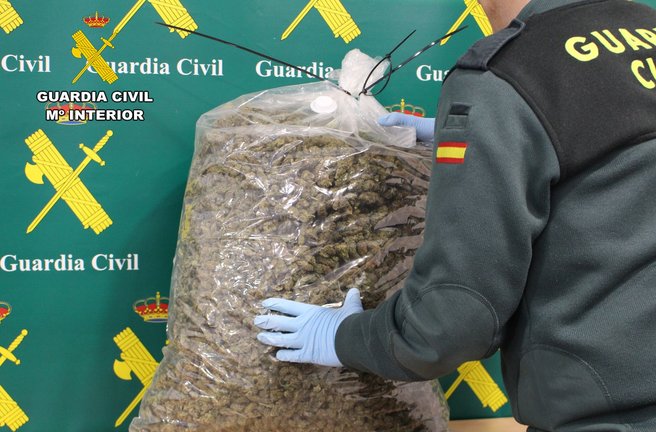 Bolsa con los 10 kilos de cogollos de marihuana intervenidos en la operación. / GC