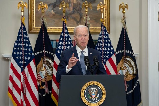 El presidente de los Estados Unidos, Joe Biden, durante una alocución acerca del colapso del banco Silicon Valley. EFE / Chris Kleponis