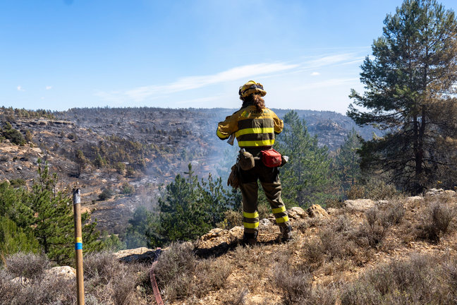 Una brigada de bomberos forestales en las labores de extinción del incendio de San Agustín, cerca del barrio de Los Peiros en Teruel. EFE / Antonio García