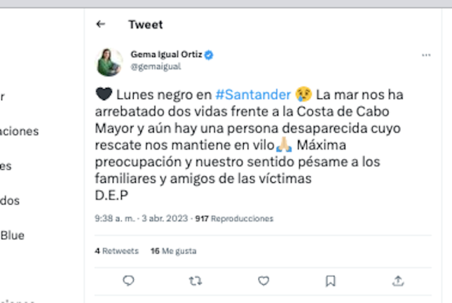 La alcaldesa de Santander, Gema Igual, ha trasladado su pésame por el fallecimiento de dos pescadores en el naufragio del buque Villaboa Uno