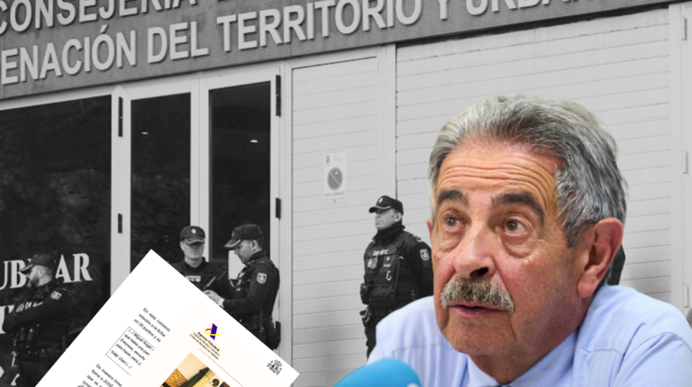 Miguel ángel Revilla y detrás la Consejería de Obras Públicas con la Policía Nacional en su registro. Y los documentos de la investigación de la UDEF.