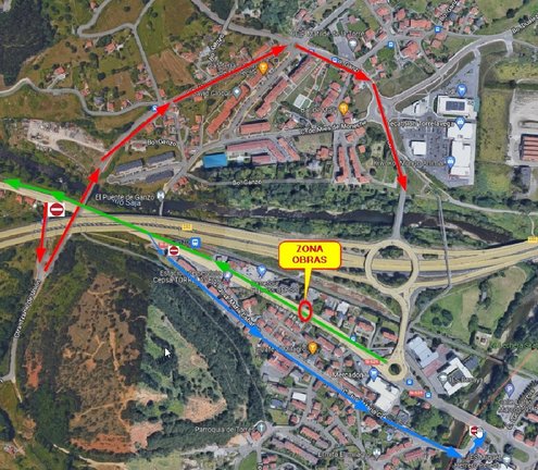 Mapa de desvío del tráfico por obras en la Avenida de Oviedo. /  AT