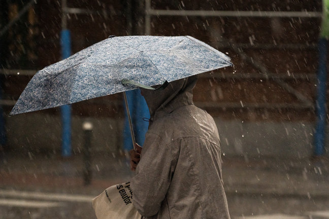 Una mujer con paraguas bajo la lluvia. /  Diego Radamés