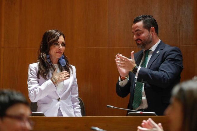 La diputada de VOX Marta Fernández, es aplaudida por su compañero de partido David Arranz tras ser nombrada Presidenta de las Cortes durante el pleno de constitución del parlamento aragónes, este viernes. EFE/ Javier Cebollada